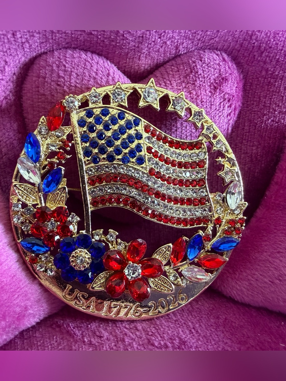 Patriotic USA Flag Brooch with Red, White & Blue Rhinestones 1776-2026